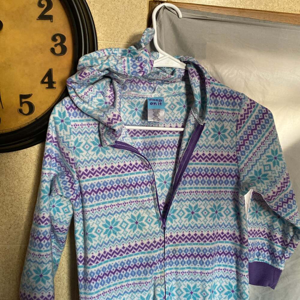 Sleep On It Girls Blue and Purple Fair Isle Fleece Hooded One-Piece Pajamas